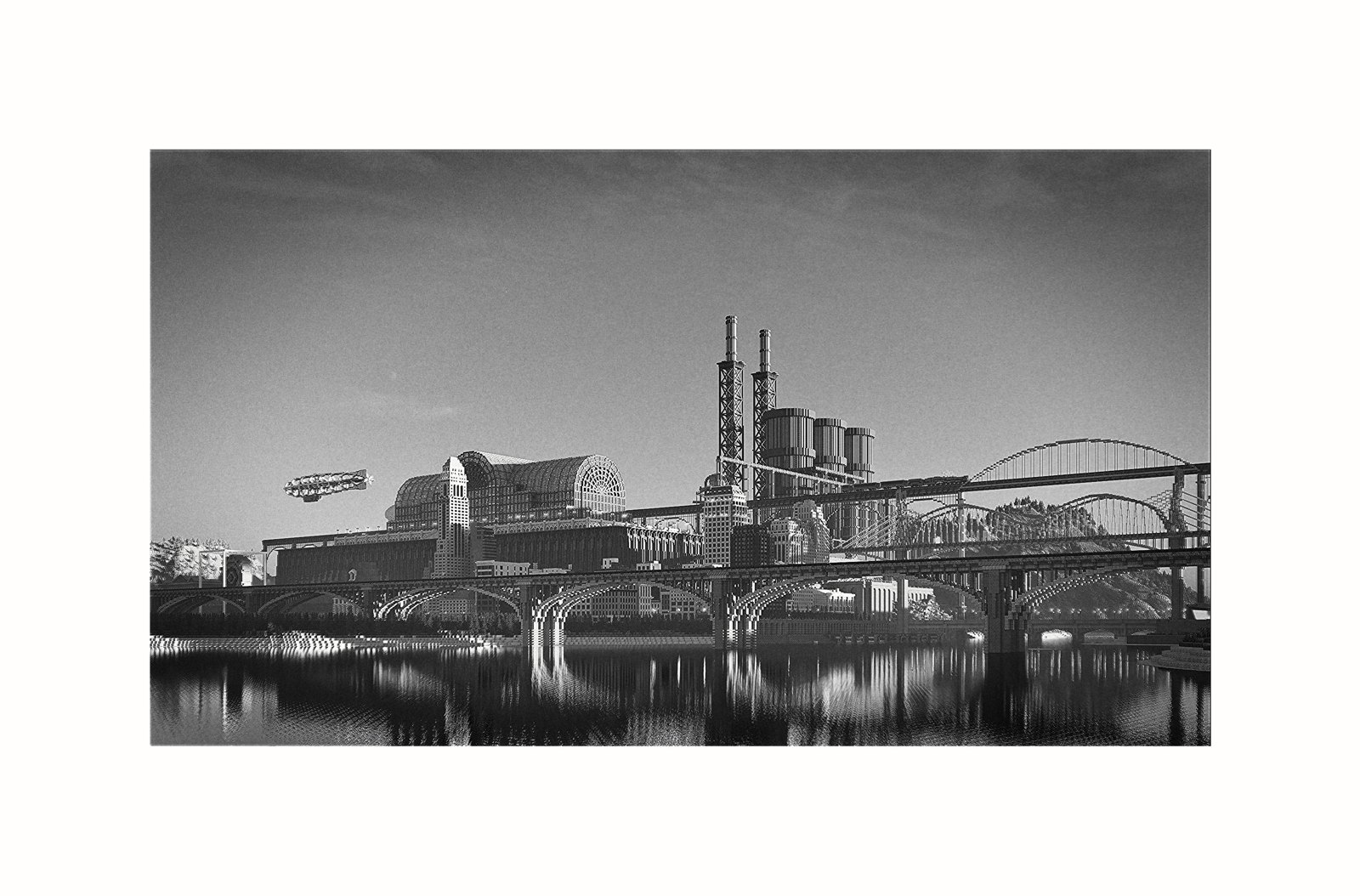Automata's Heart — monochrome city panorama
